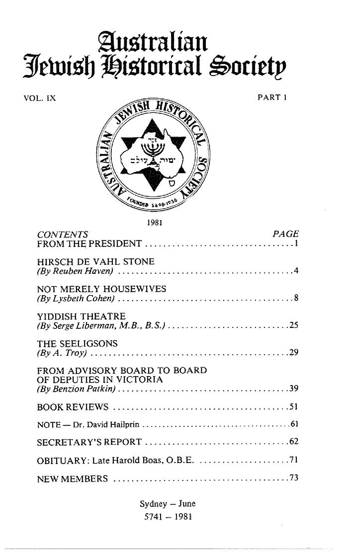 Australian Jewish Historical Society Journal, 9, 1 (1981)