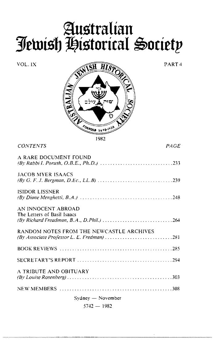 Australian Jewish Historical Society Journal, 9, 4 (1982)