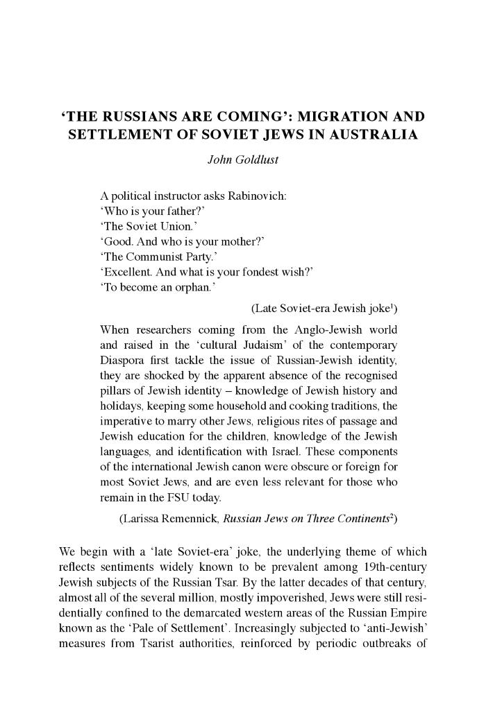 The Russians Are Coming': migration and settlement of Soviet Jews in Australia