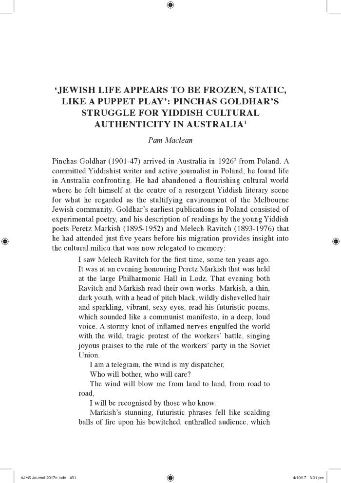 Jewish Life Appears to be Frozen, Static, Like a Puppet Play': Pinchas Goldhar's Struggle for Yiddish Cultural Authenticity in Australia