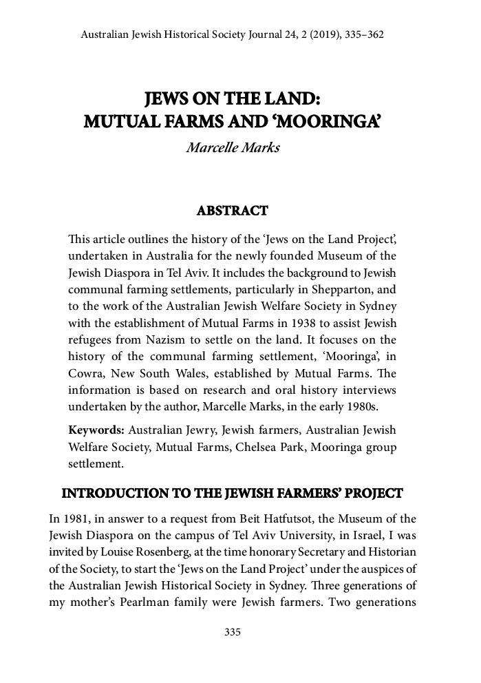 Jews of the Land: Mutual Farms and 'Mooringa'