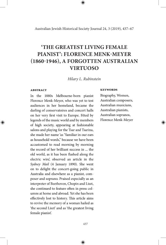 The Greatest Living Female Pianist': Florence Menk-Meyer (1860-1946), A Forgotten Australian Virtuoso