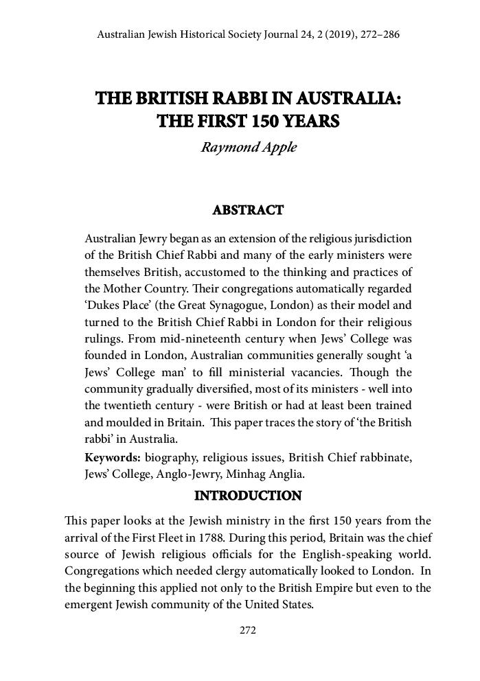 The British Rabbi in Australia: the First 150 Years