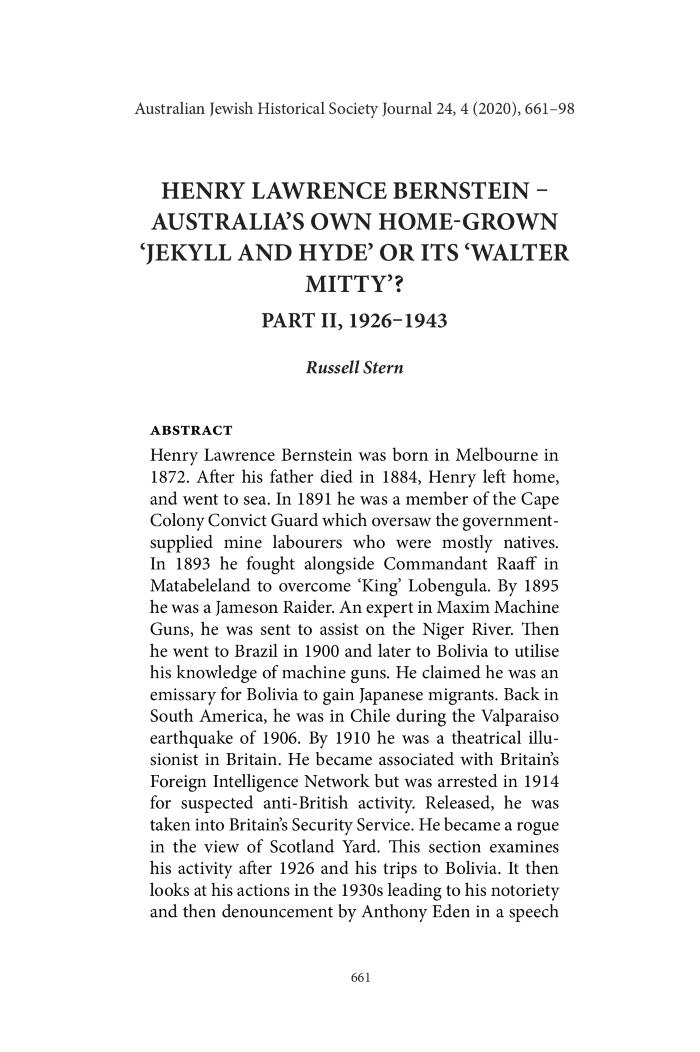 Henry Lawrence Bernstein. Australia's own home grown "Jekyll and Hyde" or its "Walter Mitty" Part II 1926-1943