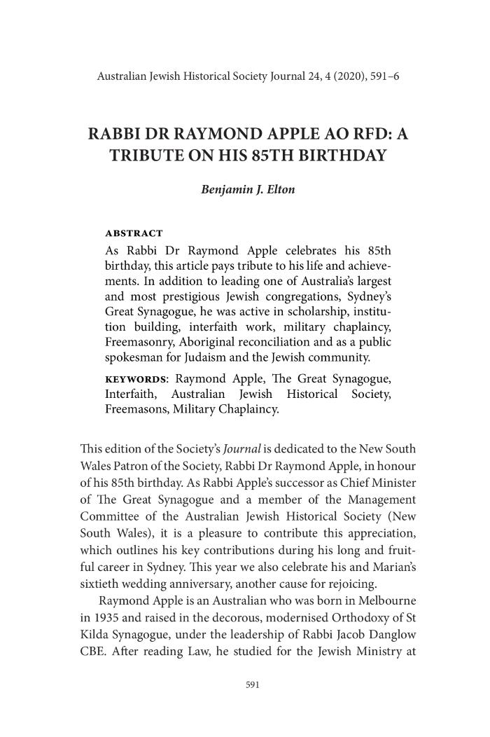 Rabbi Raymond Apple AO RFD: A Tribute on his 85th birthday