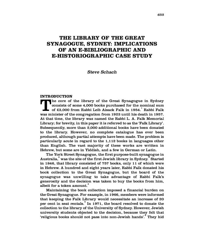 The library of the Great Synagogue, Sydney: implications of an e-bibliographic and e-historiographic case study