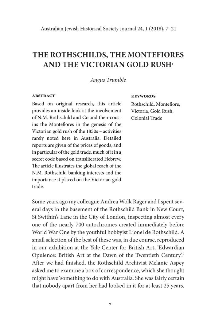 The Rothschilds, the Montefiores and the Victorian Gold Rush