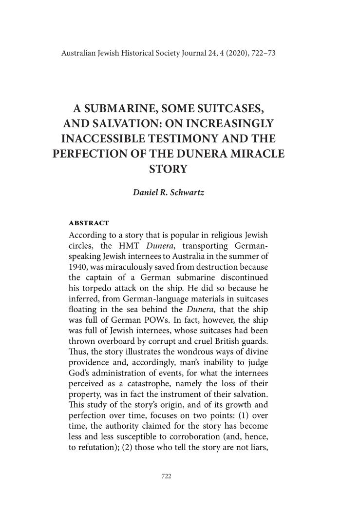 A submarine, some suitcases and salvation: On increasingly inaccessible testimony and perfection of the Dunera miracle story