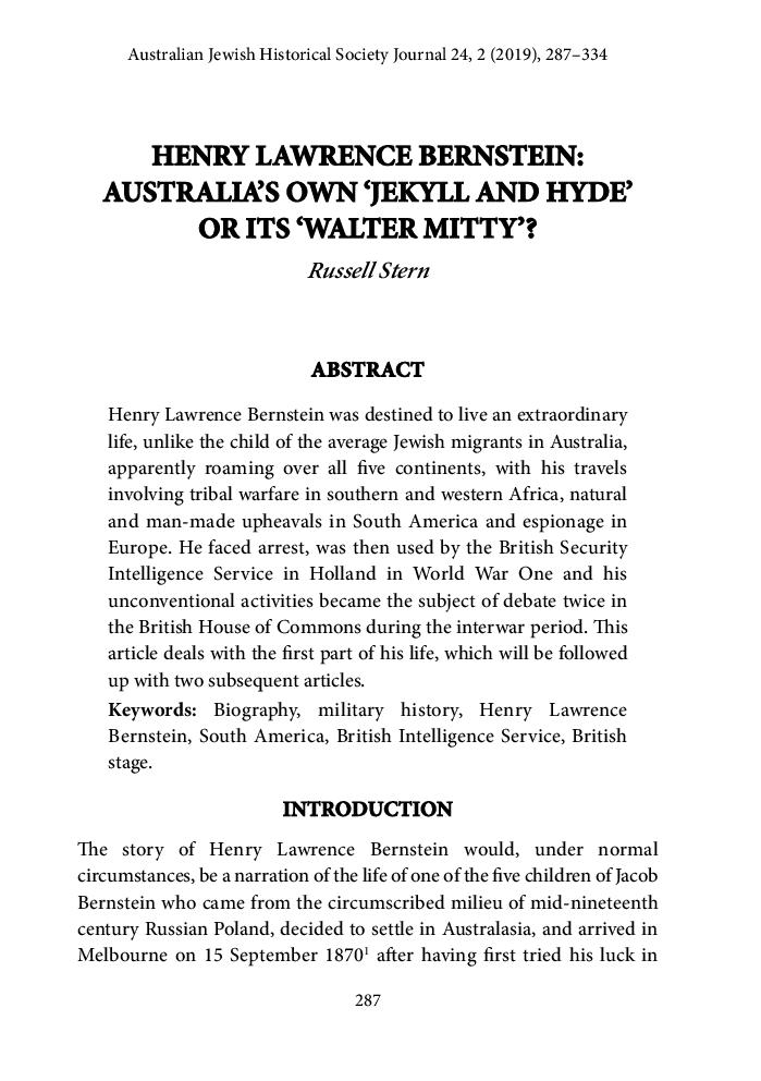 Henry Lawrence Bernstein: Australia's own Home-Grown 'Jekyll and Hyde' or 'Walter Mitty?' Part I