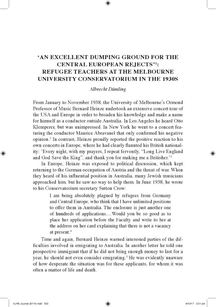 An Excellent Dumping Ground for the Central European Rejects': Refugee Teachers at the Melbourne University Conservatorium in the 1930s