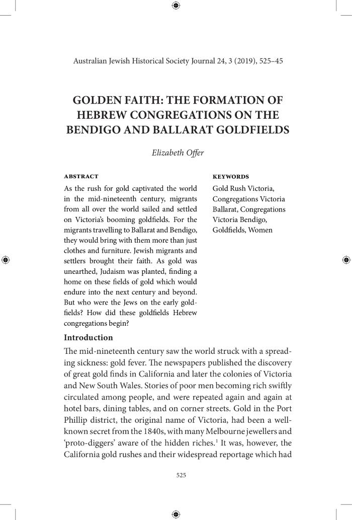 Golden Faith: The Formation of Hebrew Congregations on the Bendigo and Ballarat Goldfields