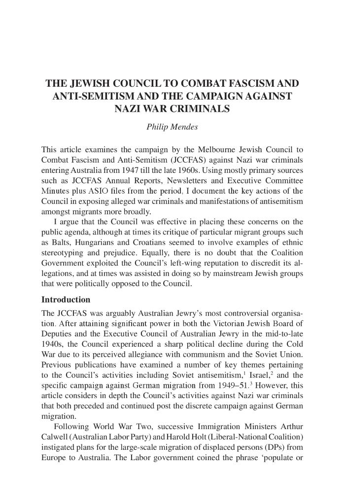 The Jewish Council to Combat Fascism and anti-Semitism and the campaign against Nazi war criminals