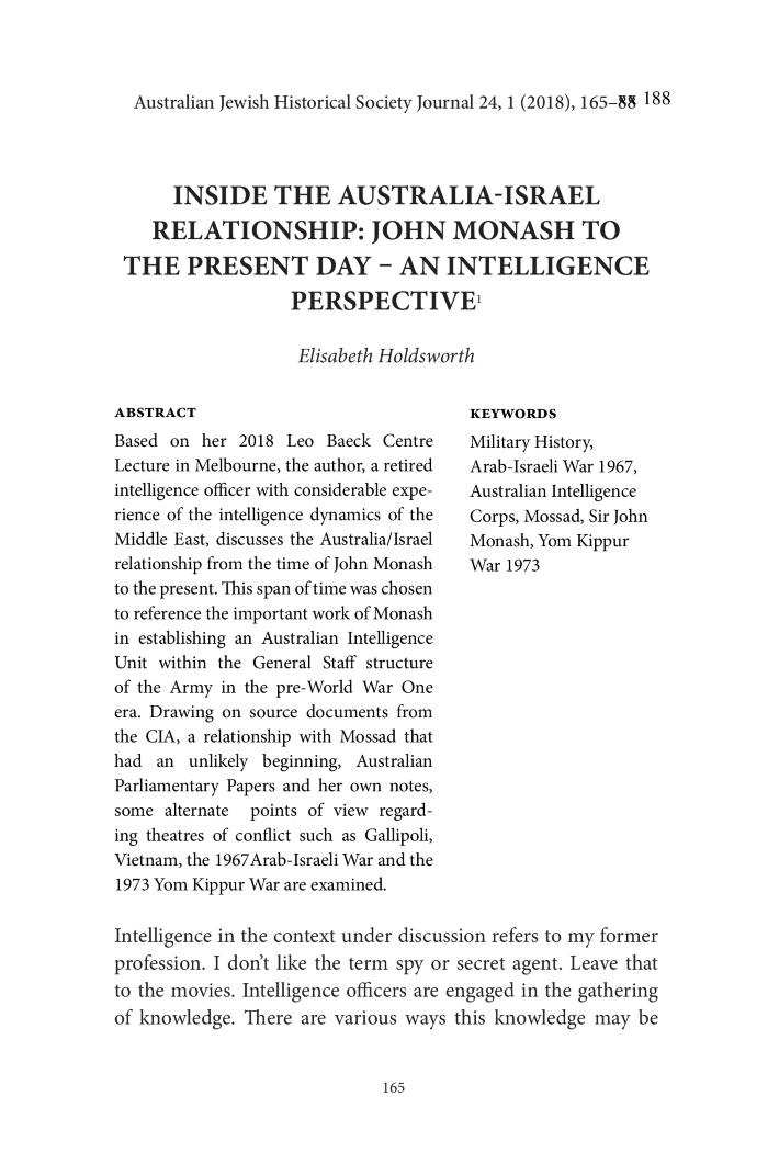 Inside the Australia-Israel Relationship: John Monash to the present day - An Intelligence Perspective