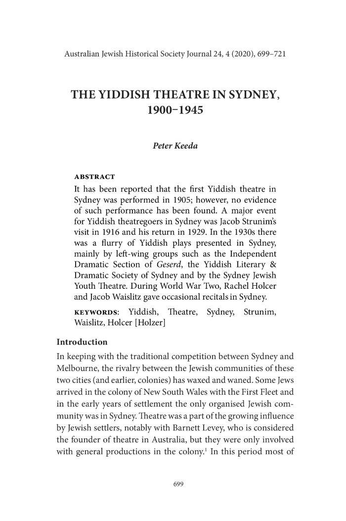 The Yiddish Theatre in Sydney 1900-1945
