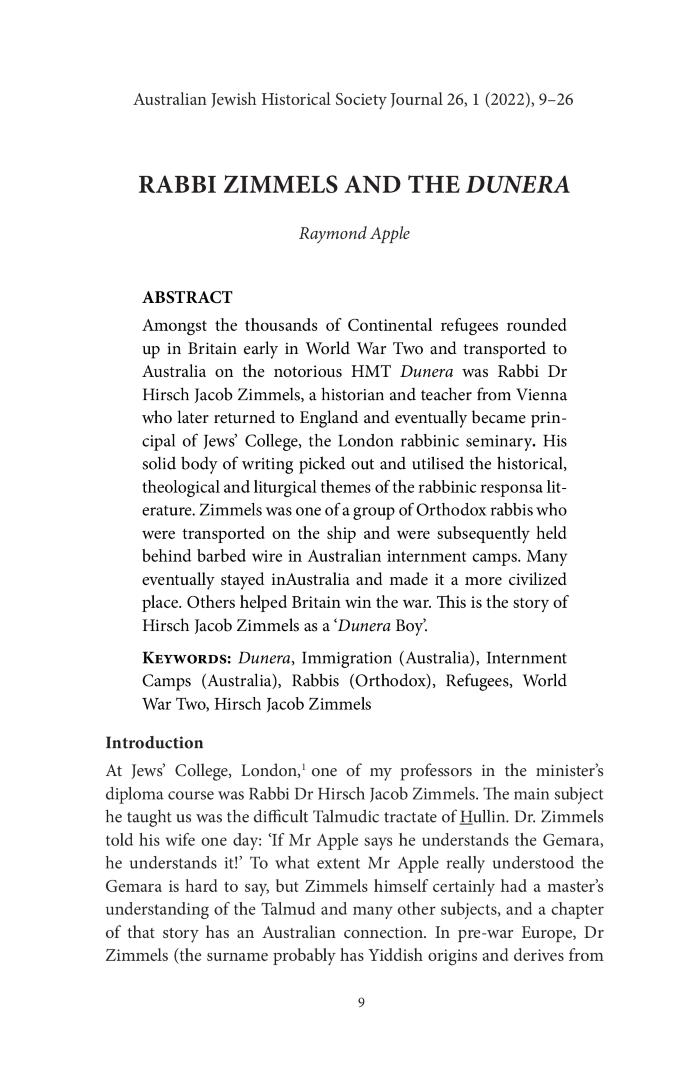 Rabbi Zimmels and the Dunera