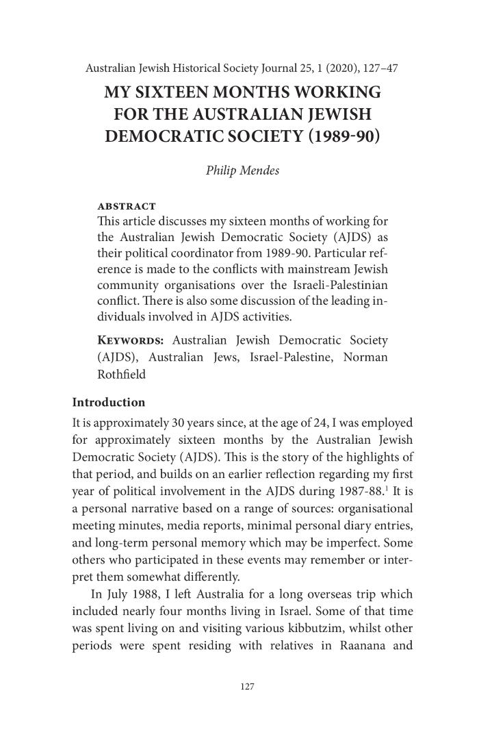 My Sixteen Months Working for the Australian Jewish Democratic Society (1989-90)