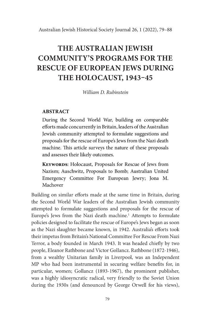 The Australian Jewish community's programs for the rescue of European Jews during the Holocaust, 1943-45