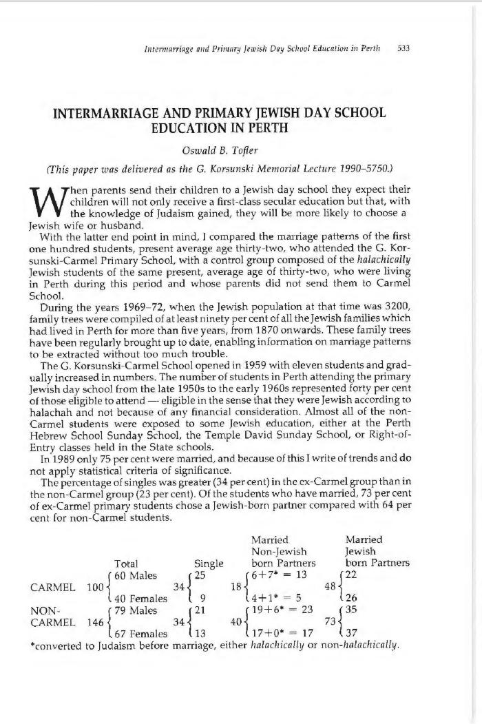 Intermarriage and primary Jewish day school education in Perth