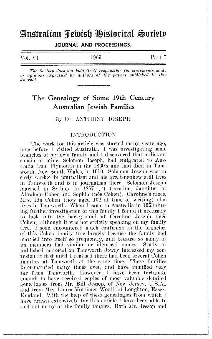 The genealogy of some 19th century Australian Jewish families