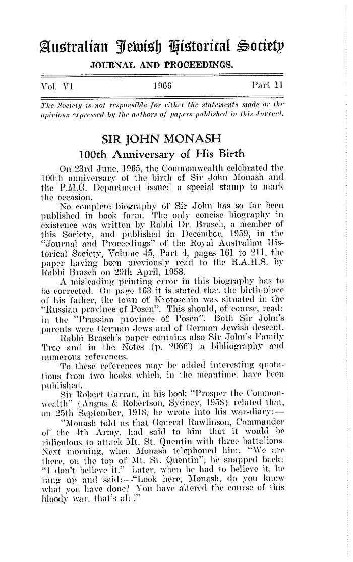 Sir John Monash. 100th anniversary of his birth