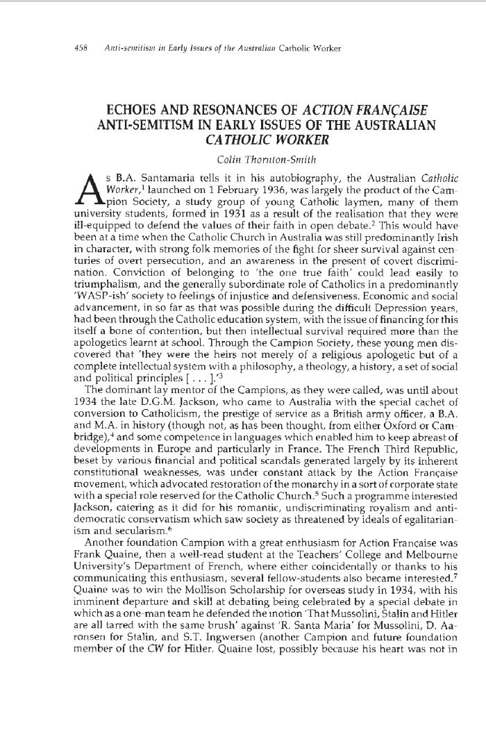 Echoes and resonances of "Action Francaise"anti-Semitism in early issues of the Australian "Catholic Worker"