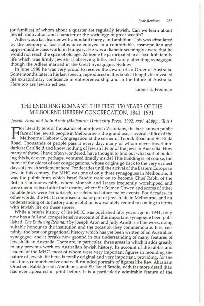 The Enduring Remnant: The First 150 Years of the Melbourne Hebrew Congregation, 1841-1991