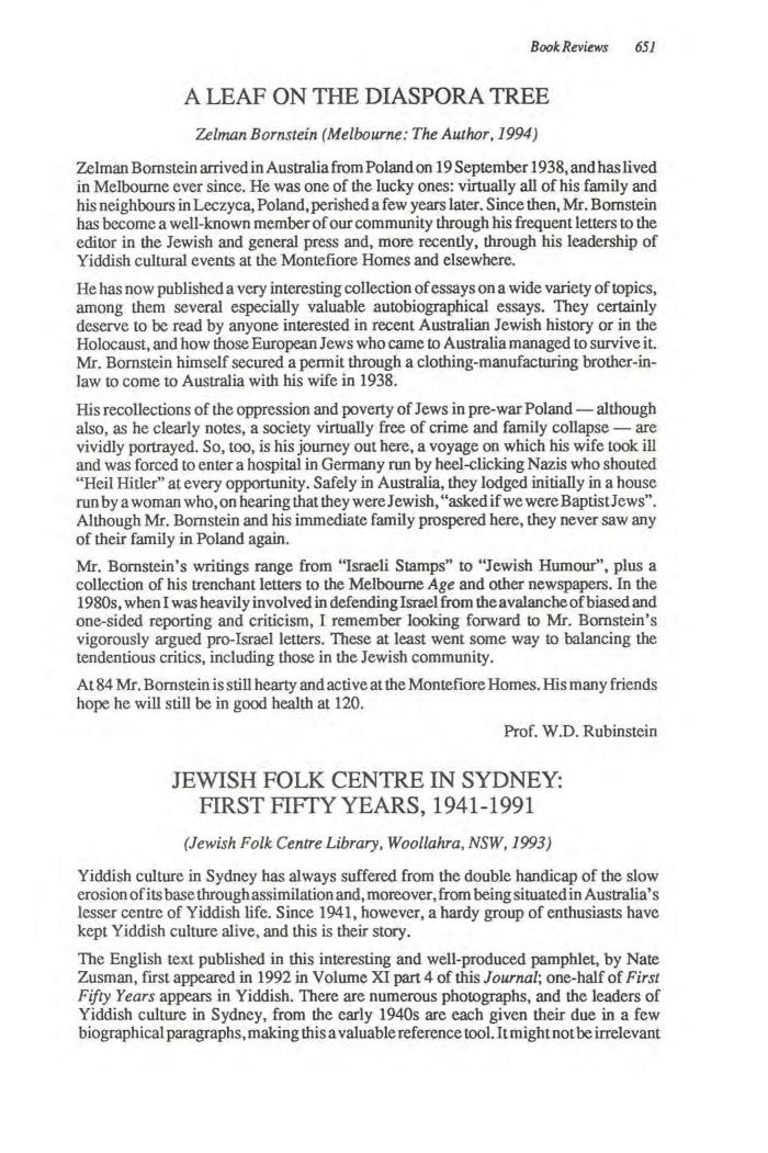 Jewish Folk Centre in Sydney. First Fifty Years 1941-1991