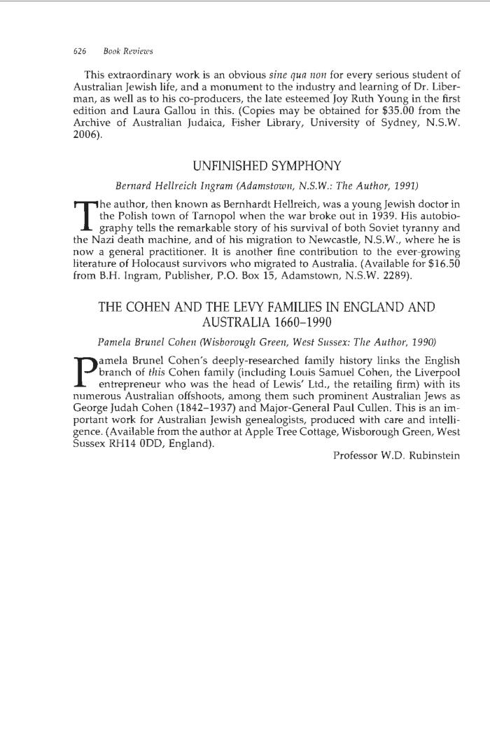 The Cohen and Levy families in England and Australia 1660-1990