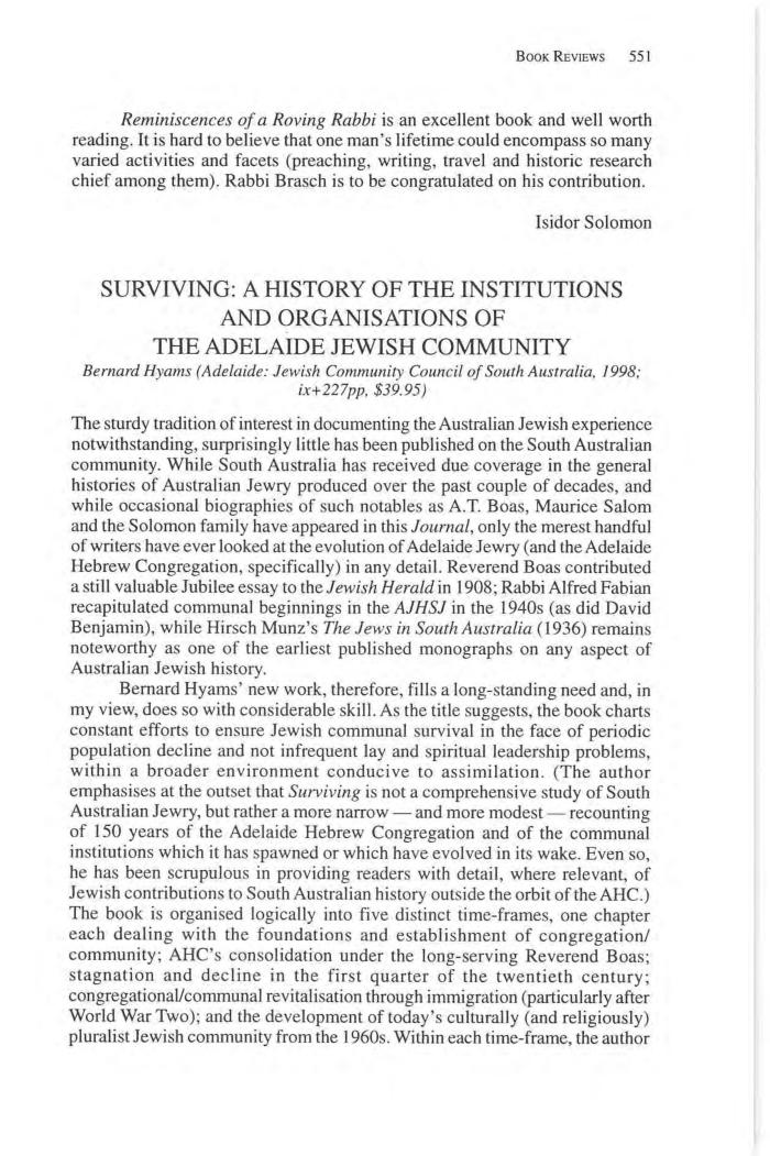 Surviving. A History of the Institutions and Organisations of the Adelaide Jewish Community