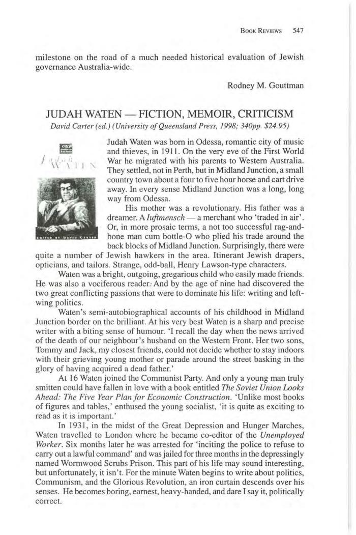 Judah Waten. Fiction, Memoir, Criticism