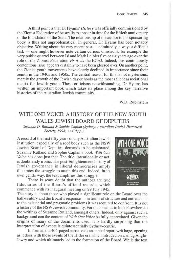 With One Voice. A History of the New South Wales Jewish Board of Deputies