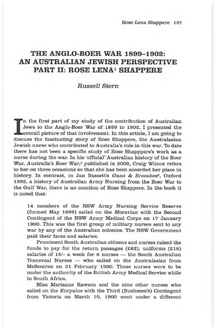 The Anglo-Boer War 1899-1902: an Australian Jewish perspective part II: Rose Lena Shappere