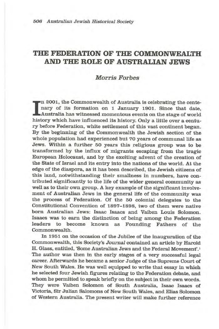 The Federation of the Commonwealth and the role of Australian Jews