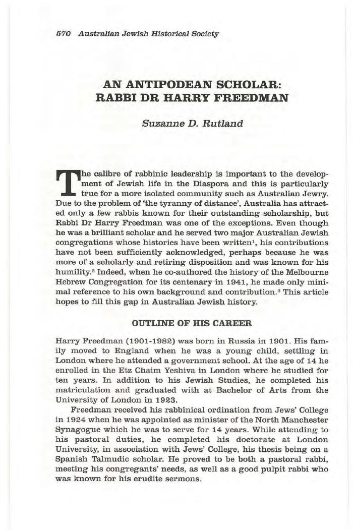 An antipodean scholar. Rabbi Harry Freedman