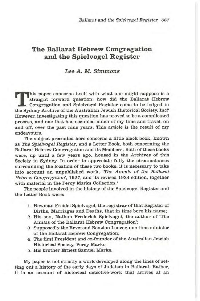 The Ballarat Hebrew Congregation and the Spielvogel Register