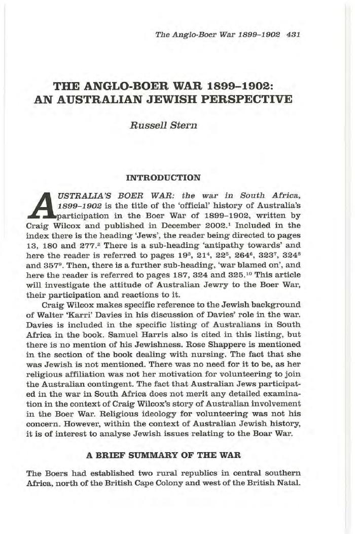 The Anglo-Boer War 1899-1902- an Australian Jewish legacy