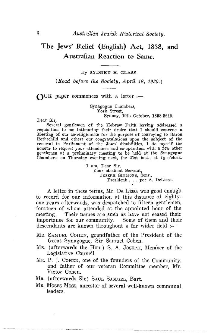 The Jews'  Relief (English) Act, 1858, and Australian reaction to same