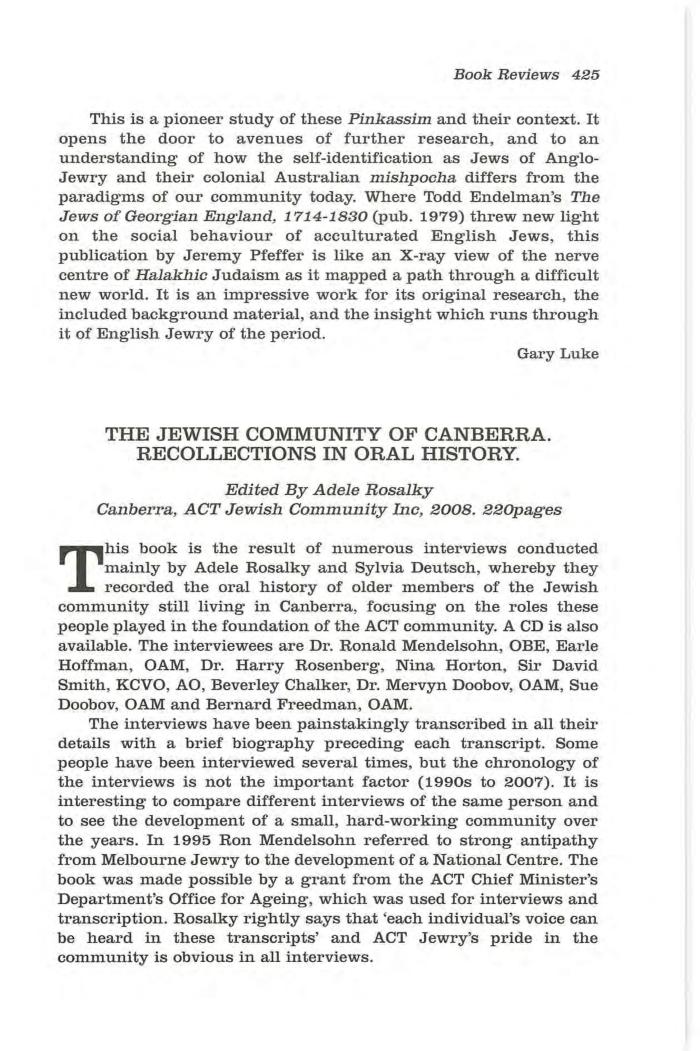 The Jewish Community of Canberra. Recollections on Oral HIstory