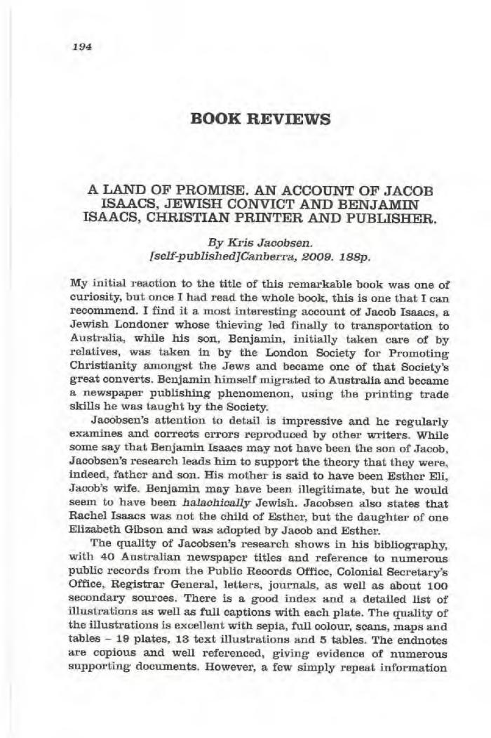 A Land of Promise. An Account of Jacob Isaacs, Jewish Convict and Benjamin Isaacs, Christian Printer and Publisher