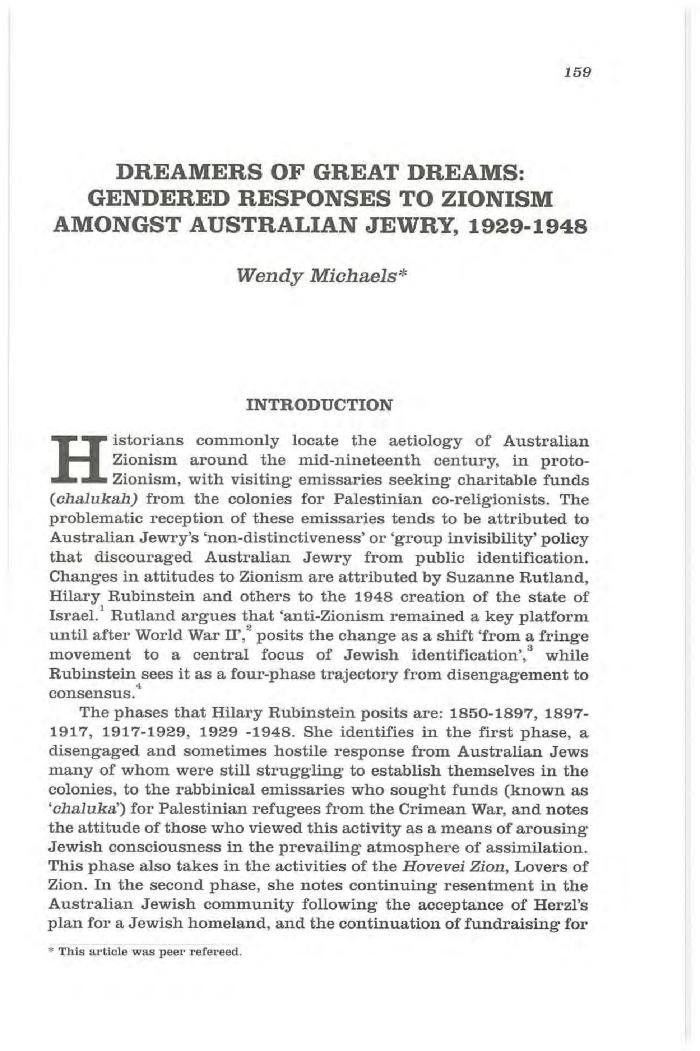 Dreamers of great dreams: gendered responses to Zionism amongst Australian Jewry, 1929-1948
