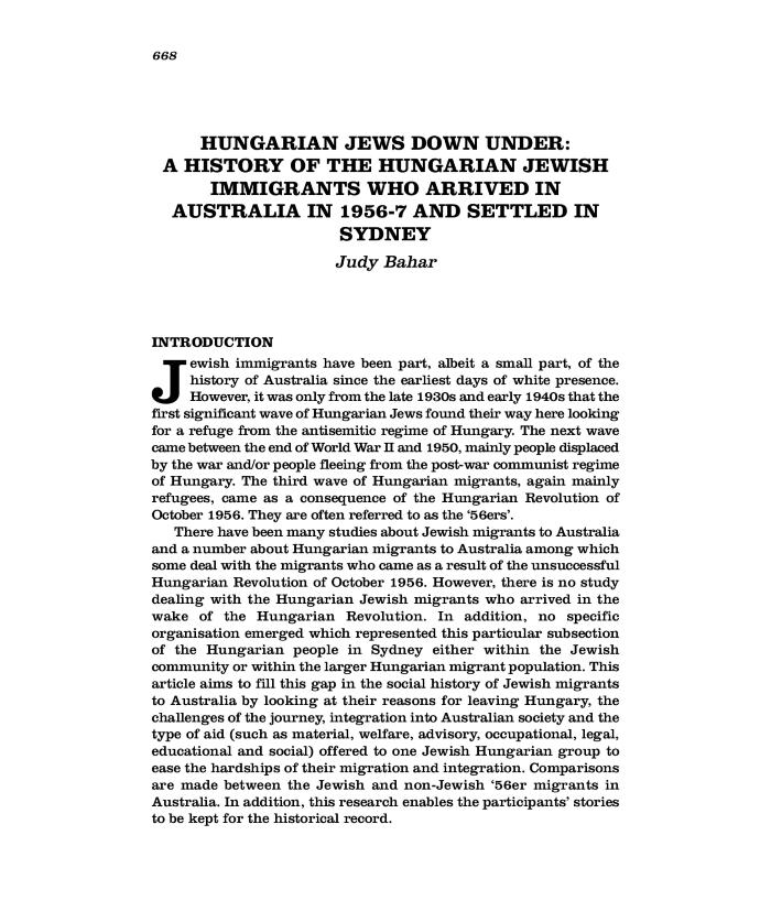 Hungarian Jews down under: a history of the Hungarian Jewish immigrants who arrived in Australia in 1956-7 and settled in Sydney