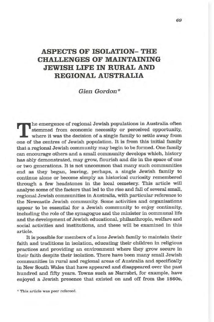 Aspects of isolation- the challenges of maintaining Jewish life in rural and regional Australia