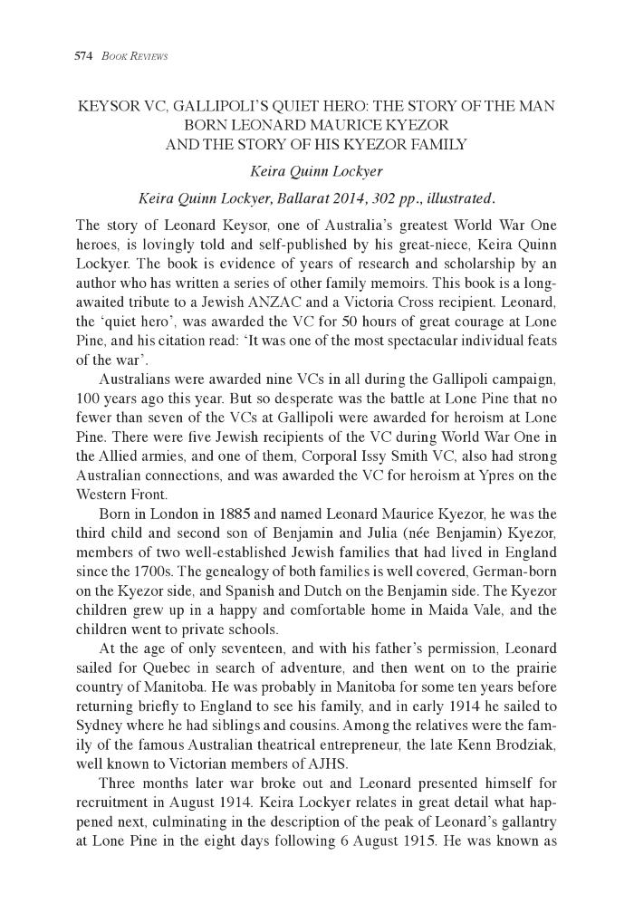 Keysor VC. Gallipoli's Quiet Hero: The Story of a Man Born Leonard Maurice Kyezor and the Story of the Keyzor Family