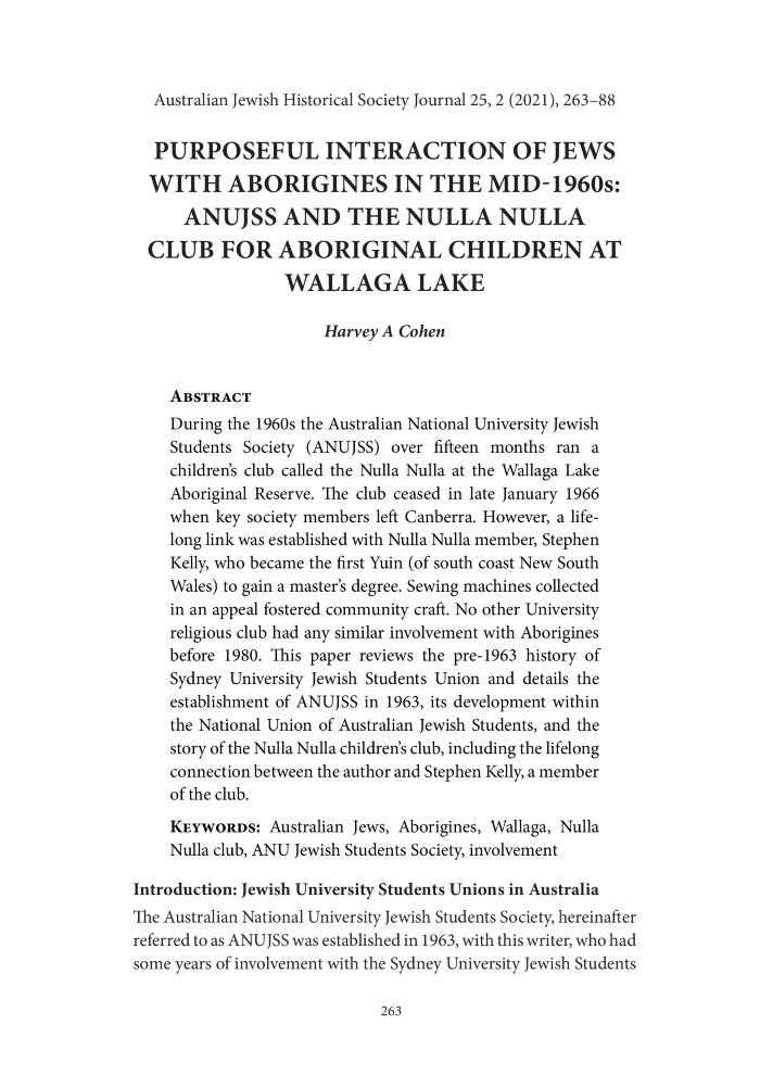 Purposeful Interaction of Jews with Aborigines in the mid-1960s: ANUJSS and the Nulla Nulla club for Aboriginal Children at Wallaga Lake