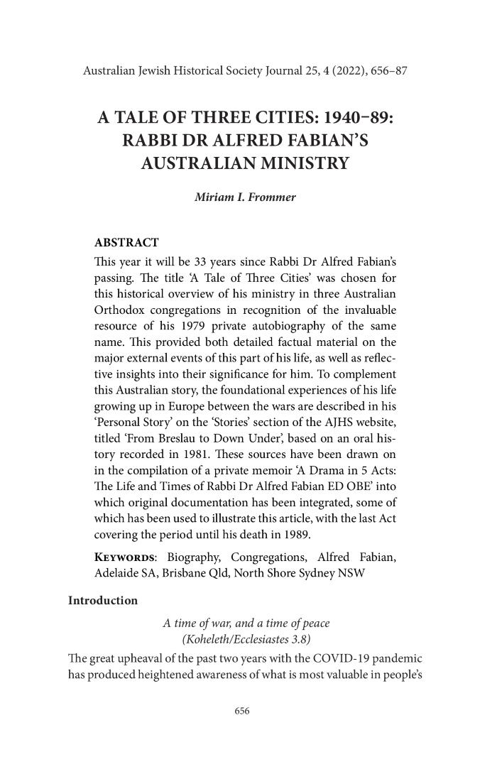 A Tale of Three Cities: 1940-89: Rabbi Dr Alfred Fabian's Australian Ministry