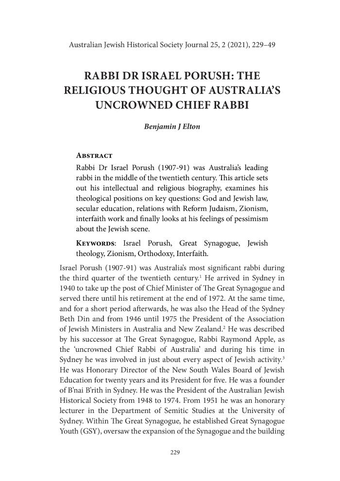 Rabbi Dr Israel Porush: The Religious Thought of Australia's Uncrowned Chief Rabbi