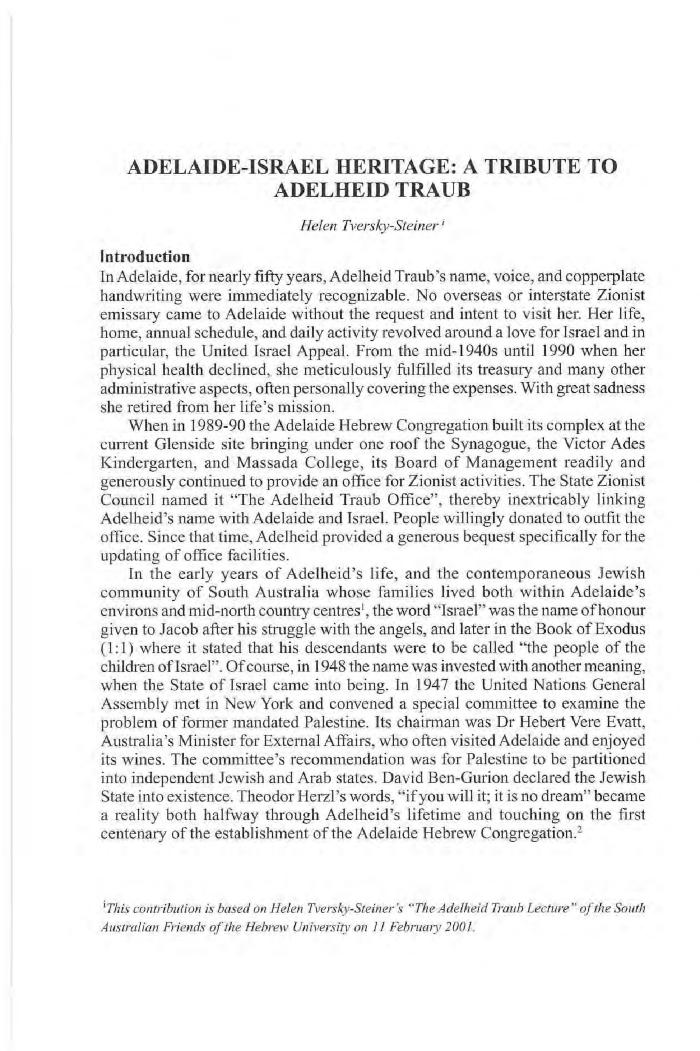 Adelaide-Israel heritage: a tribute to Adelheid Traub