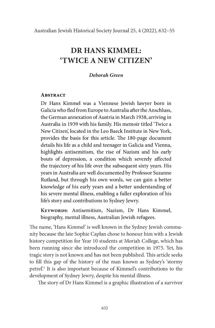 Dr Hans Kimmel: 'Twice a New Citizen'