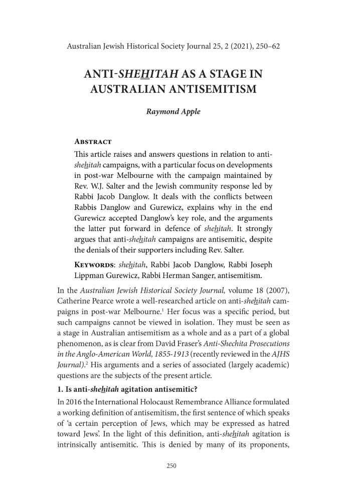 Anti-shehitah as a stage in Australian Antisemitism