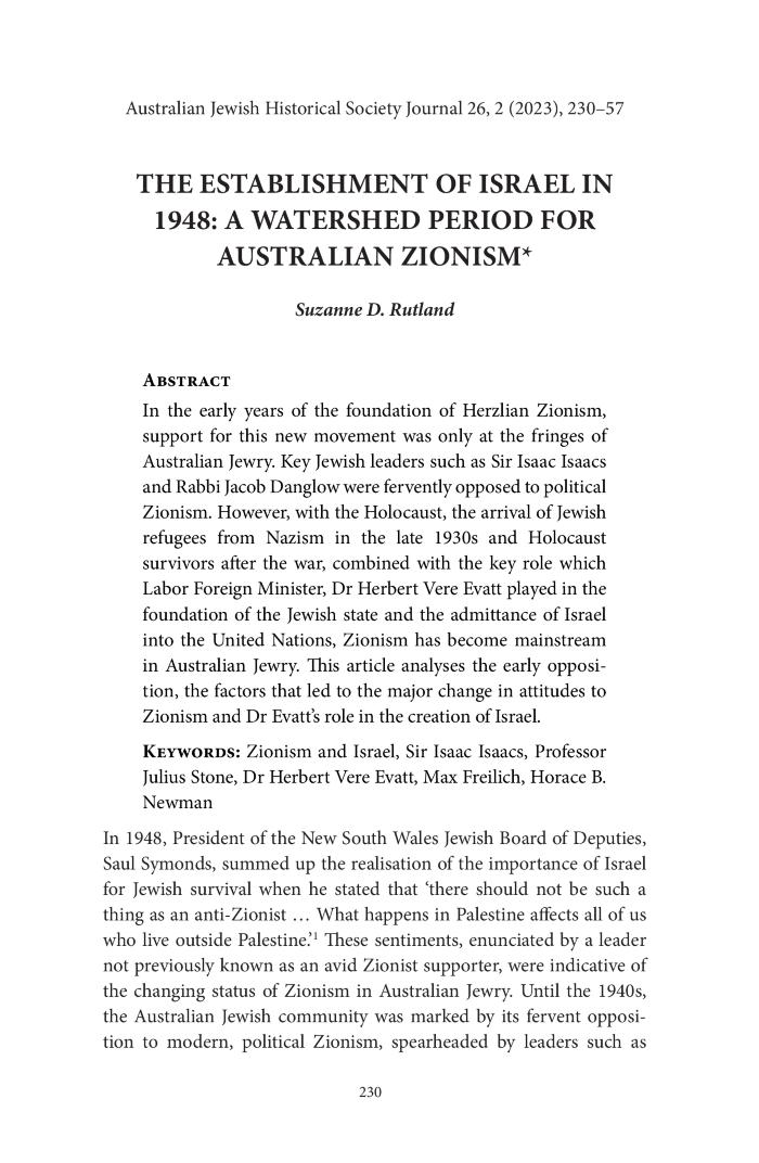 The Establishment of Israel in 1948: A Watershed Period for Australian Zionism